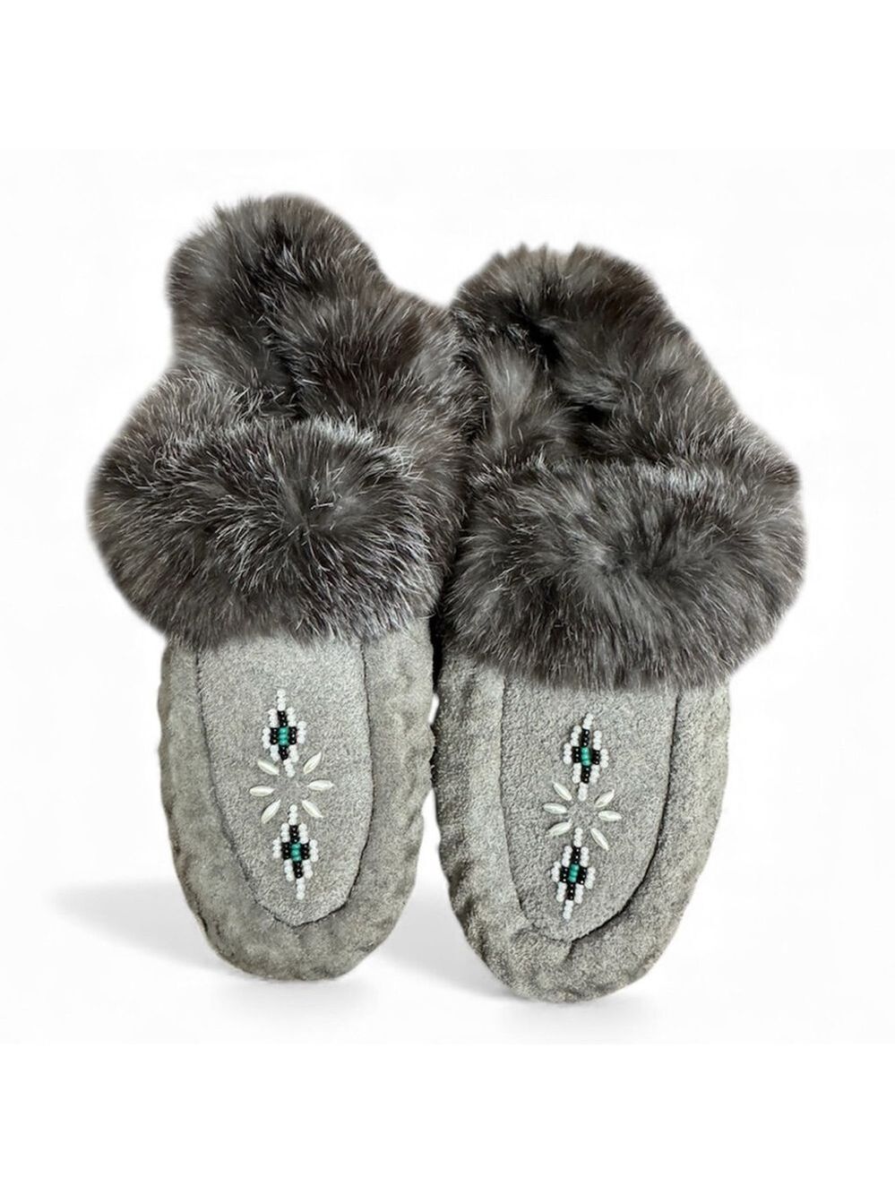 Vintage Grey Suede Fur Trim Beaded Moccasin Slippers Cozy Winter